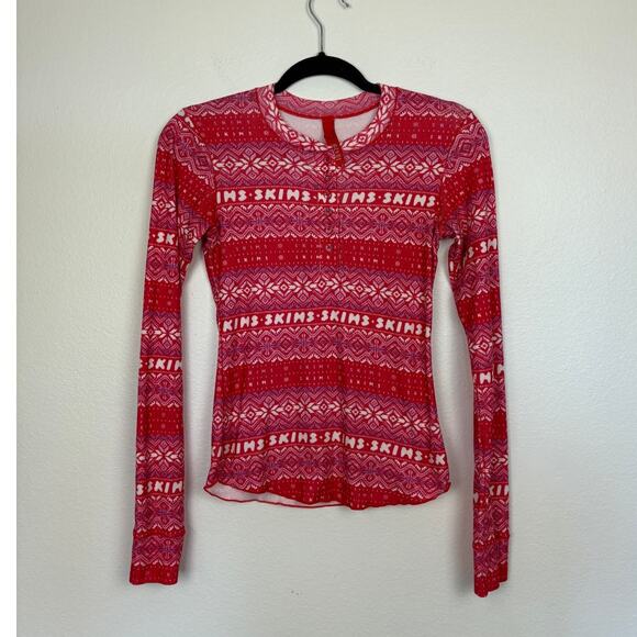 Skims Pointelle Logo Long Sleeve Henley Small - Picture 2 of 4